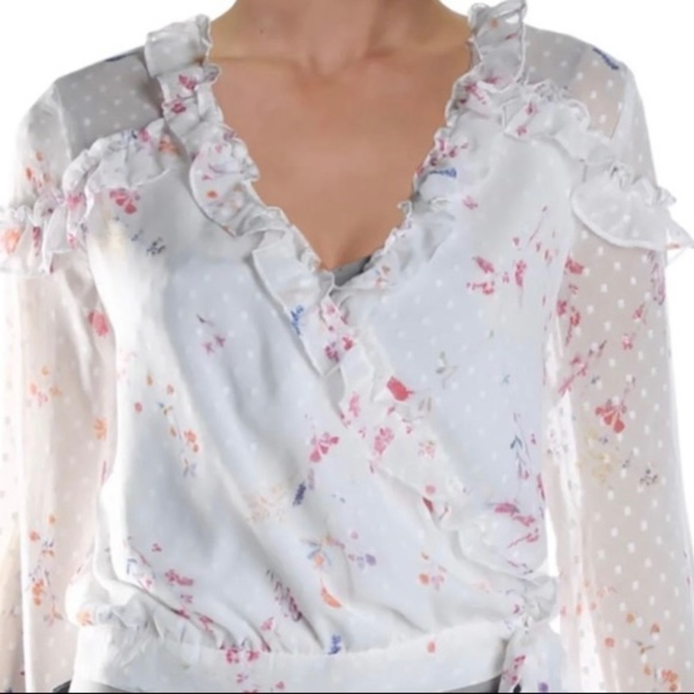 Aqua White Floral Ruffle Wrap Blouse